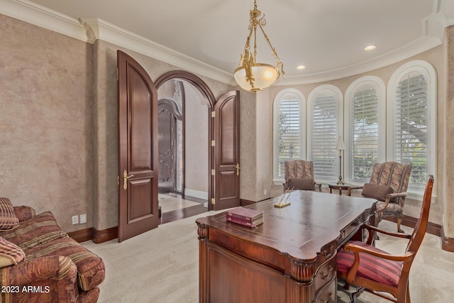 carpeted office with arched walkways, recessed lighting, baseboards, and crown molding