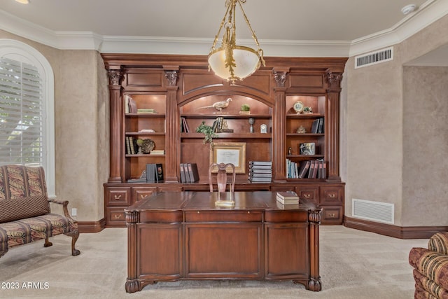 office space featuring light colored carpet, visible vents, crown molding, and baseboards