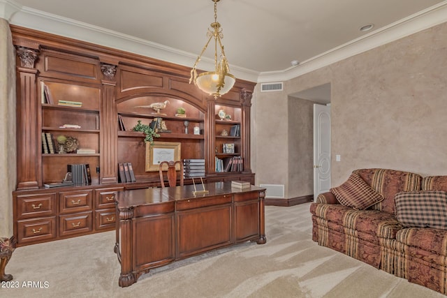 home office featuring light carpet, crown molding, and visible vents