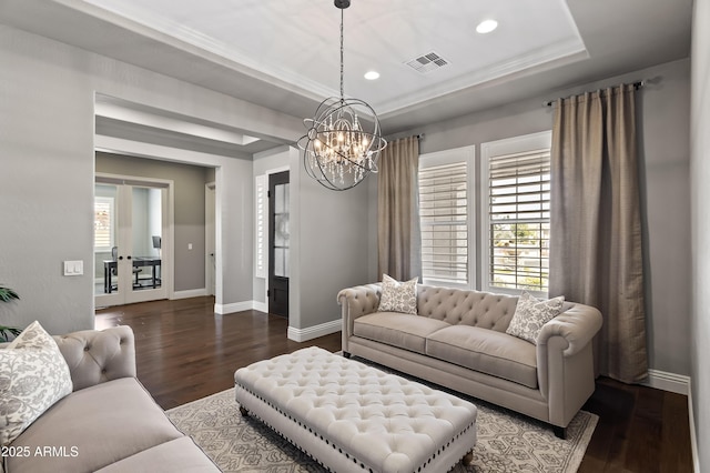 5415 E Chaparosa Way, Cave Creek, AZ 85331 - living area with a tray ceiling, a chandelier, wood finished floors, healthy amount of natural light, and recessed lighting
