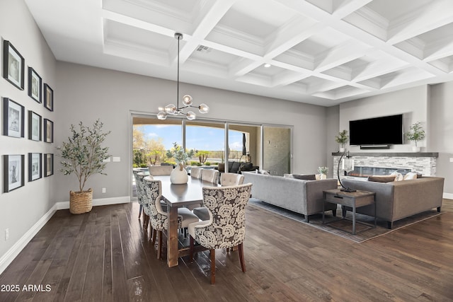 5415 E Chaparosa Way, Cave Creek, AZ 85331 - dining space with a chandelier, dark wood finished floors, coffered ceiling, beam ceiling, and baseboards
