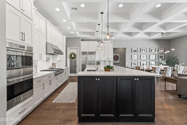 5415 E Chaparosa Way, Cave Creek, AZ 85331 - kitchen with under cabinet range hood, appliances with stainless steel finishes, white cabinetry, beamed ceiling, and coffered ceiling