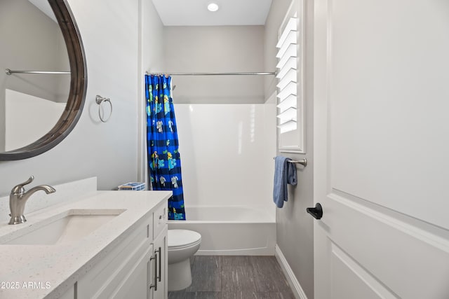 5415 E Chaparosa Way, Cave Creek, AZ 85331 - bathroom with toilet, vanity, wood finished floors, shower / tub combo with curtain, and baseboards