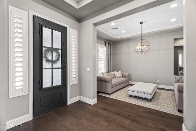 5415 E Chaparosa Way, Cave Creek, AZ 85331 - foyer featuring a raised ceiling, wood finished floors, recessed lighting, baseboards, and a chandelier