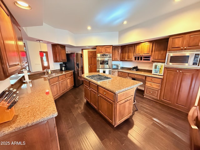 kitchen with dark wood-style flooring, light stone countertops, a sink, and stainless steel appliances