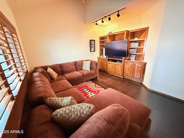 living area with rail lighting, dark wood-style flooring, and baseboards