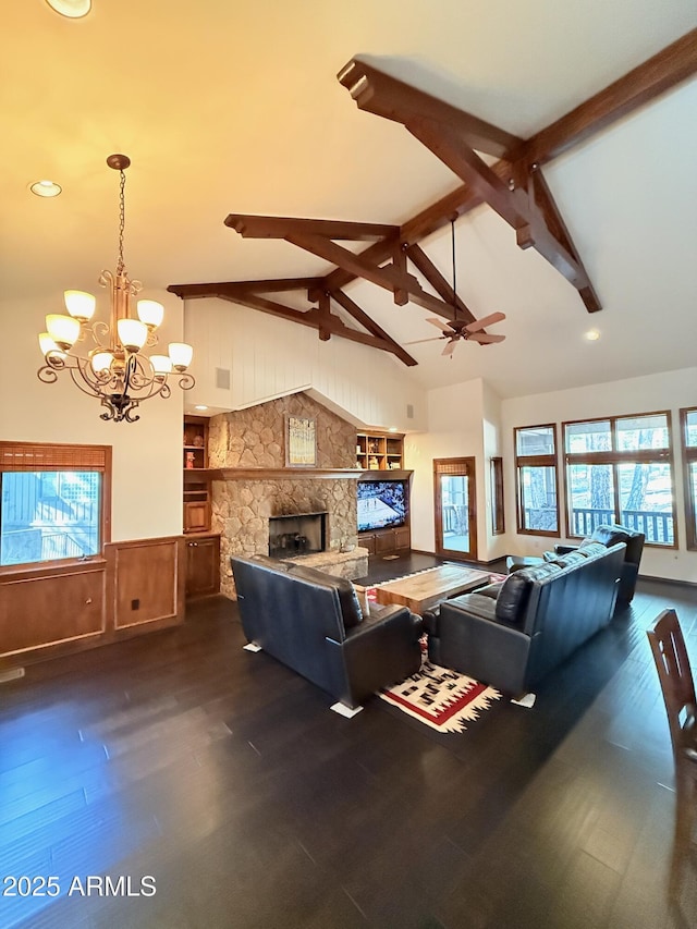 living room with high vaulted ceiling, a stone fireplace, dark wood-style floors, and beamed ceiling