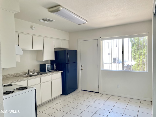 143 S Mountain Rd, Apache Junction, AZ 85120 - kitchen with stainless steel microwave, white electric stove, freestanding refrigerator, white cabinets, and plenty of natural light