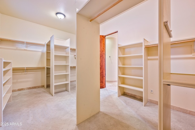 walk in closet featuring light carpet