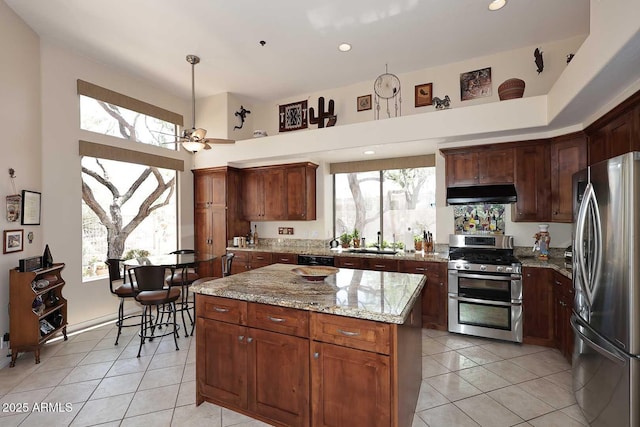 6966 E Bramble Berry Ln, Scottsdale, AZ 85266 - kitchen featuring stainless steel appliances, under cabinet range hood, light tile patterned floors, a sink, and light stone countertops