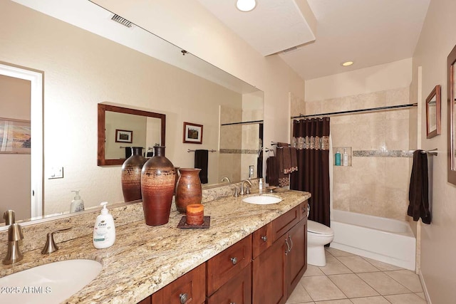 6966 E Bramble Berry Ln, Scottsdale, AZ 85266 - bathroom featuring double vanity, tile patterned flooring, shower / bath combination with curtain, and toilet