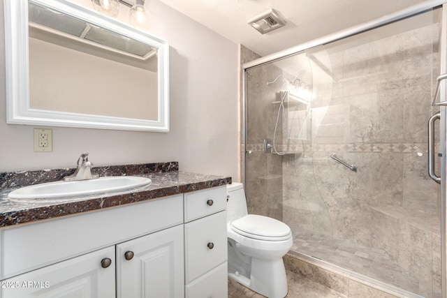 full bath with a shower stall, visible vents, vanity, and toilet