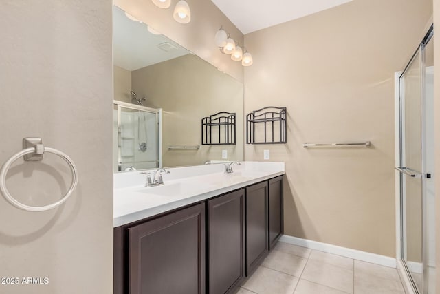 1367 S Country Club Dr Unit 1327, Mesa, AZ 85210 - full bath with a stall shower, double vanity, tile patterned flooring, and baseboards