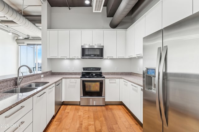 kitchen featuring sink, stainless steel appliances, light stone counters, white cabinets, and light wood-type flooring