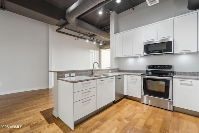 kitchen featuring white cabinets, sink, light hardwood / wood-style flooring, kitchen peninsula, and stainless steel appliances