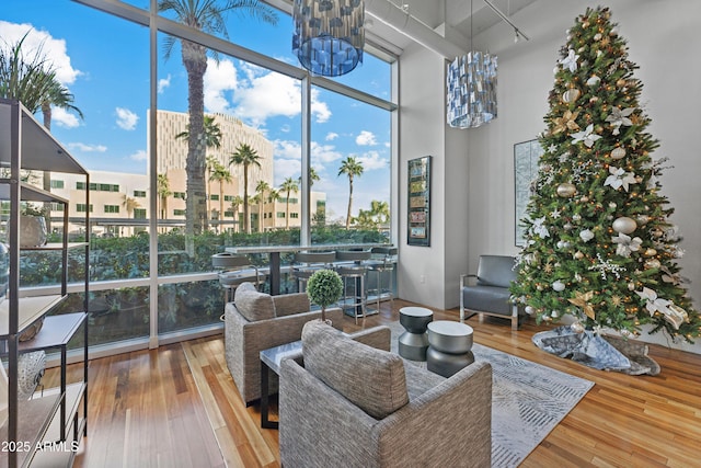 interior space featuring a chandelier, a towering ceiling, hardwood / wood-style flooring, and a wall of windows