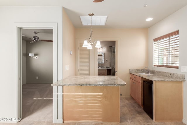 kitchen with dishwasher, light carpet, sink, decorative light fixtures, and ceiling fan with notable chandelier