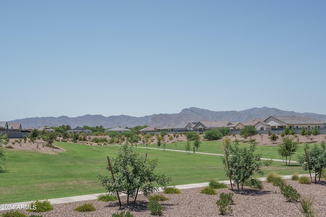 view of property's community with a mountain view and a lawn