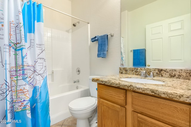 full bathroom featuring vanity, toilet, tile patterned floors, and shower / tub combo with curtain