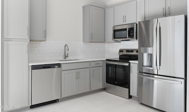 kitchen with tasteful backsplash, appliances with stainless steel finishes, gray cabinets, and sink