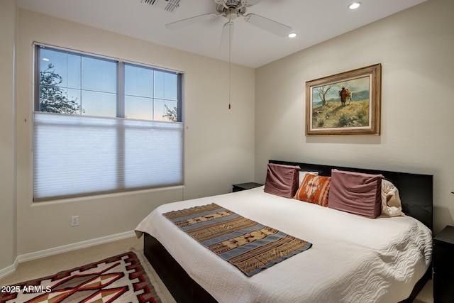 bedroom featuring visible vents, ceiling fan, baseboards, carpet floors, and recessed lighting