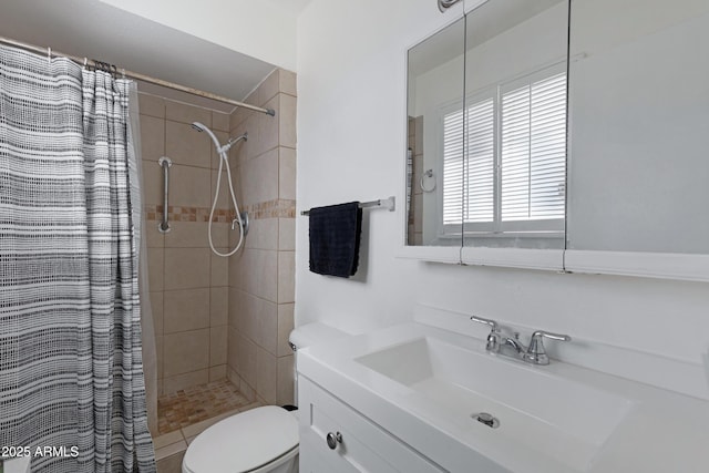 bathroom with vanity, toilet, and a shower with shower curtain