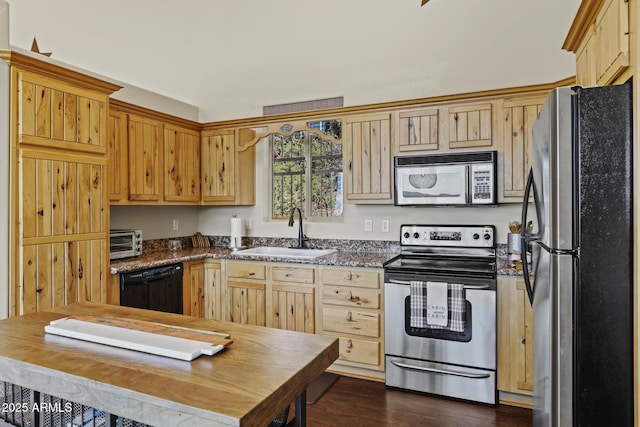 kitchen featuring butcher block countertops, sink, dark wood-type flooring, and appliances with stainless steel finishes