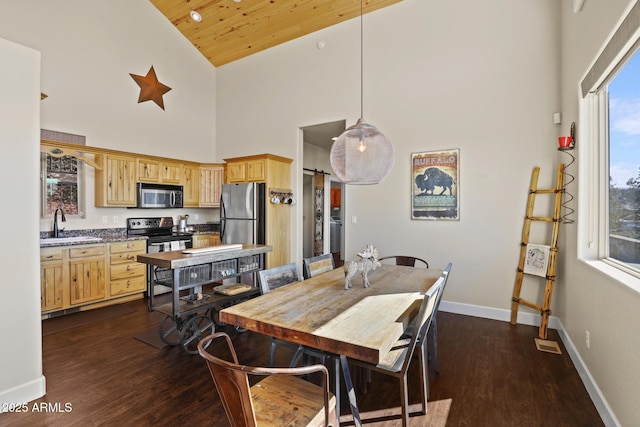 dining area featuring sink, dark wood-type flooring, high vaulted ceiling, and wooden ceiling