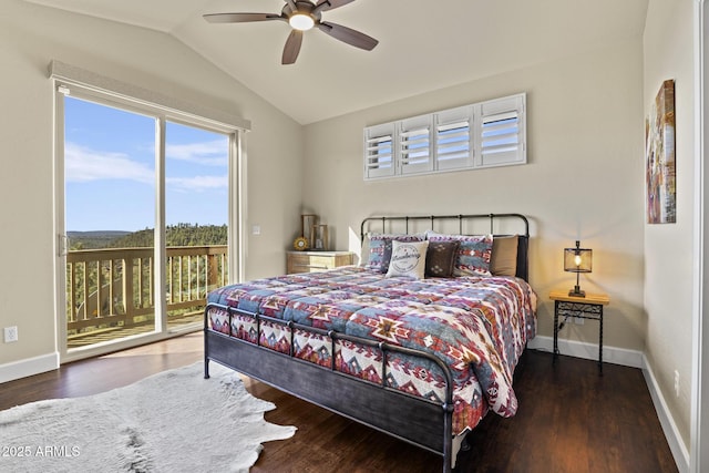 bedroom featuring lofted ceiling, dark hardwood / wood-style flooring, access to outside, and ceiling fan