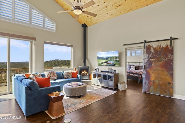 living room featuring wood ceiling, ceiling fan, high vaulted ceiling, dark hardwood / wood-style flooring, and a wood stove