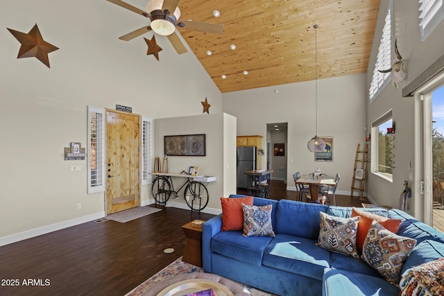 living room with ceiling fan, high vaulted ceiling, wood ceiling, and dark hardwood / wood-style flooring