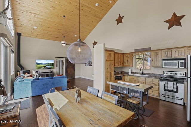 dining space with sink, wood ceiling, dark wood-type flooring, and high vaulted ceiling