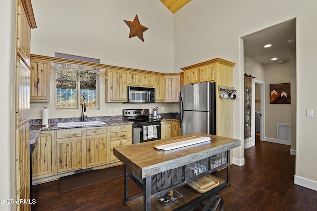 kitchen with light brown cabinetry, sink, dark hardwood / wood-style floors, stainless steel appliances, and a barn door