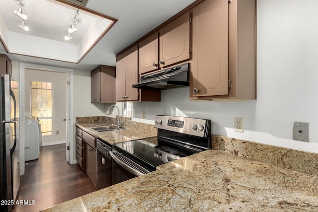 5208 S Deborah Dr, Tempe, AZ 85283 - kitchen featuring a sink, stainless steel appliances, light stone countertops, under cabinet range hood, and dark wood-style floors