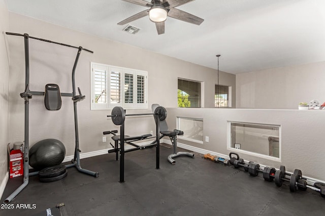 workout room featuring ceiling fan