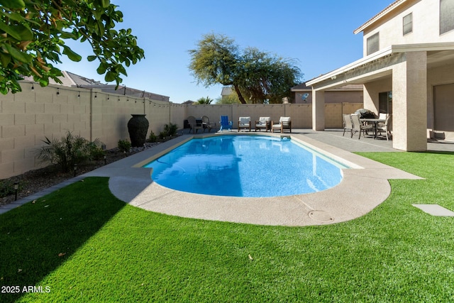 view of pool featuring a patio area and a yard