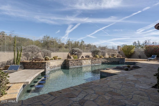 view of pool with exterior kitchen and a patio area