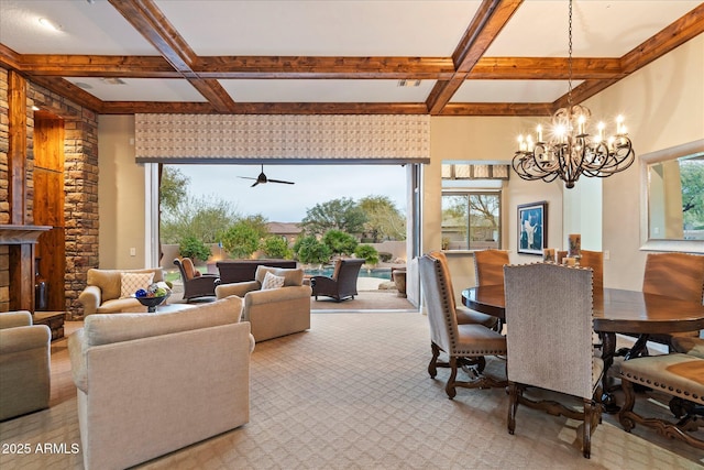 dining room featuring beamed ceiling, coffered ceiling, and a notable chandelier