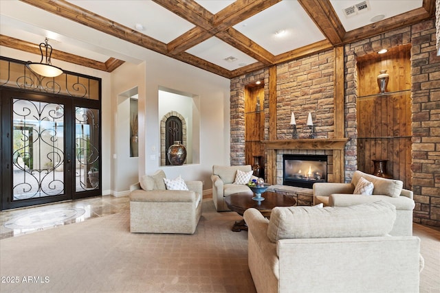 living room with beamed ceiling and coffered ceiling