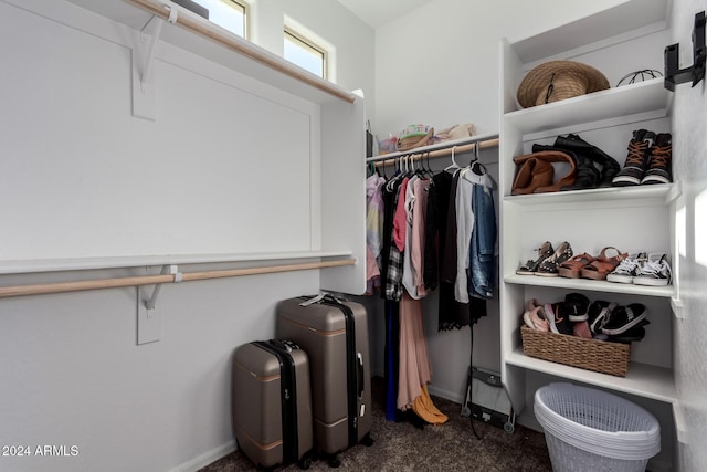 spacious closet featuring dark colored carpet