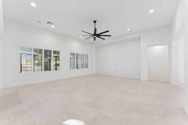 4547 S Banning Dr, Gilbert, AZ 85297 - empty room with light tile patterned floors, a ceiling fan, visible vents, recessed lighting, and baseboards