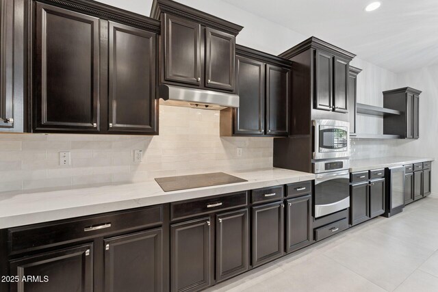 4547 S Banning Dr, Gilbert, AZ 85297 - kitchen featuring open shelves, under cabinet range hood, stainless steel appliances, wine cooler, and backsplash