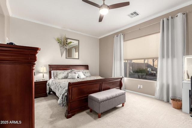 bedroom with light carpet, ornamental molding, and ceiling fan