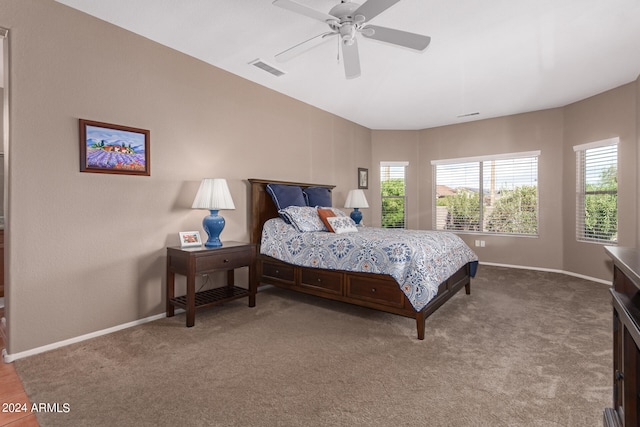 bedroom featuring ceiling fan and light colored carpet