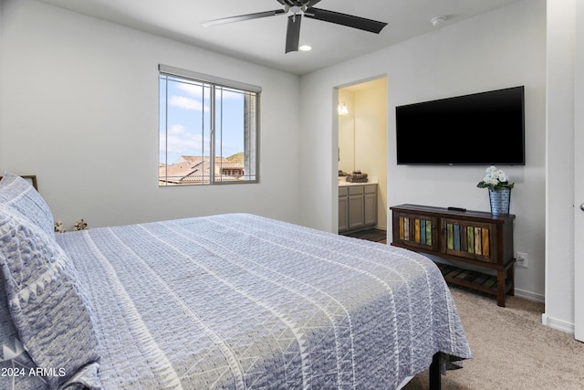 7180 W Tombstone Trl, Peoria, AZ 85383 - bedroom with baseboards, carpet, a ceiling fan, recessed lighting, and connected bathroom