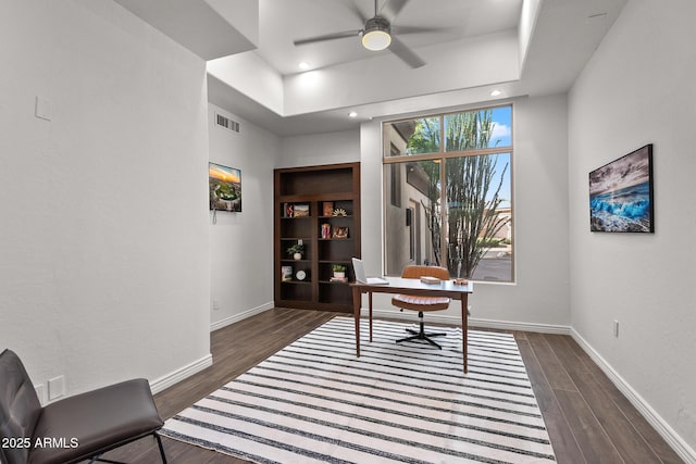 7775 E Fledgling Dr, Scottsdale, AZ 85255 - office space featuring ceiling fan, dark wood-type flooring, a tray ceiling, and recessed lighting