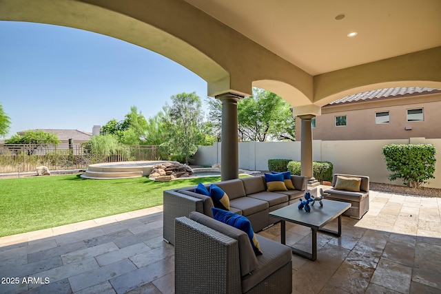 7775 E Fledgling Dr, Scottsdale, AZ 85255 - fenced backyard with a patio and outdoor lounge area
