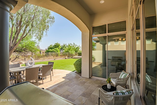 7775 E Fledgling Dr, Scottsdale, AZ 85255 - fenced backyard featuring a patio area and outdoor dining area