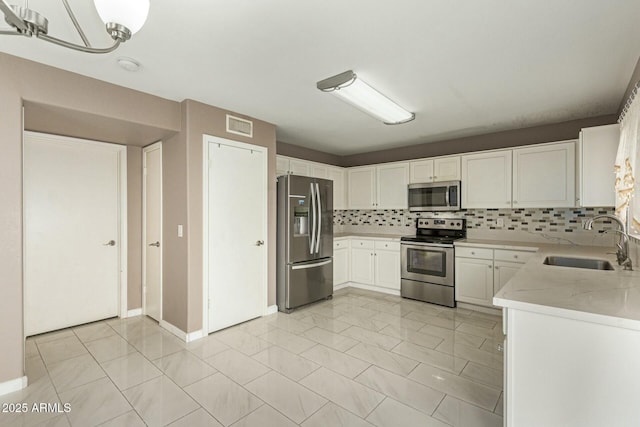 kitchen featuring visible vents, decorative backsplash, appliances with stainless steel finishes, white cabinetry, and a sink