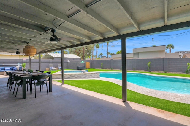 4137 E Sells Dr, Phoenix, AZ 85018 - view of pool with ceiling fan, a fenced backyard, a patio area, and outdoor dining space